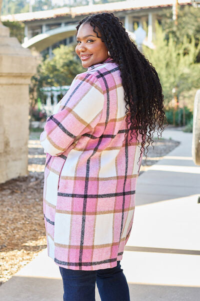 Double Take Plaid Button Up Lapel Collar Coat Jassorted