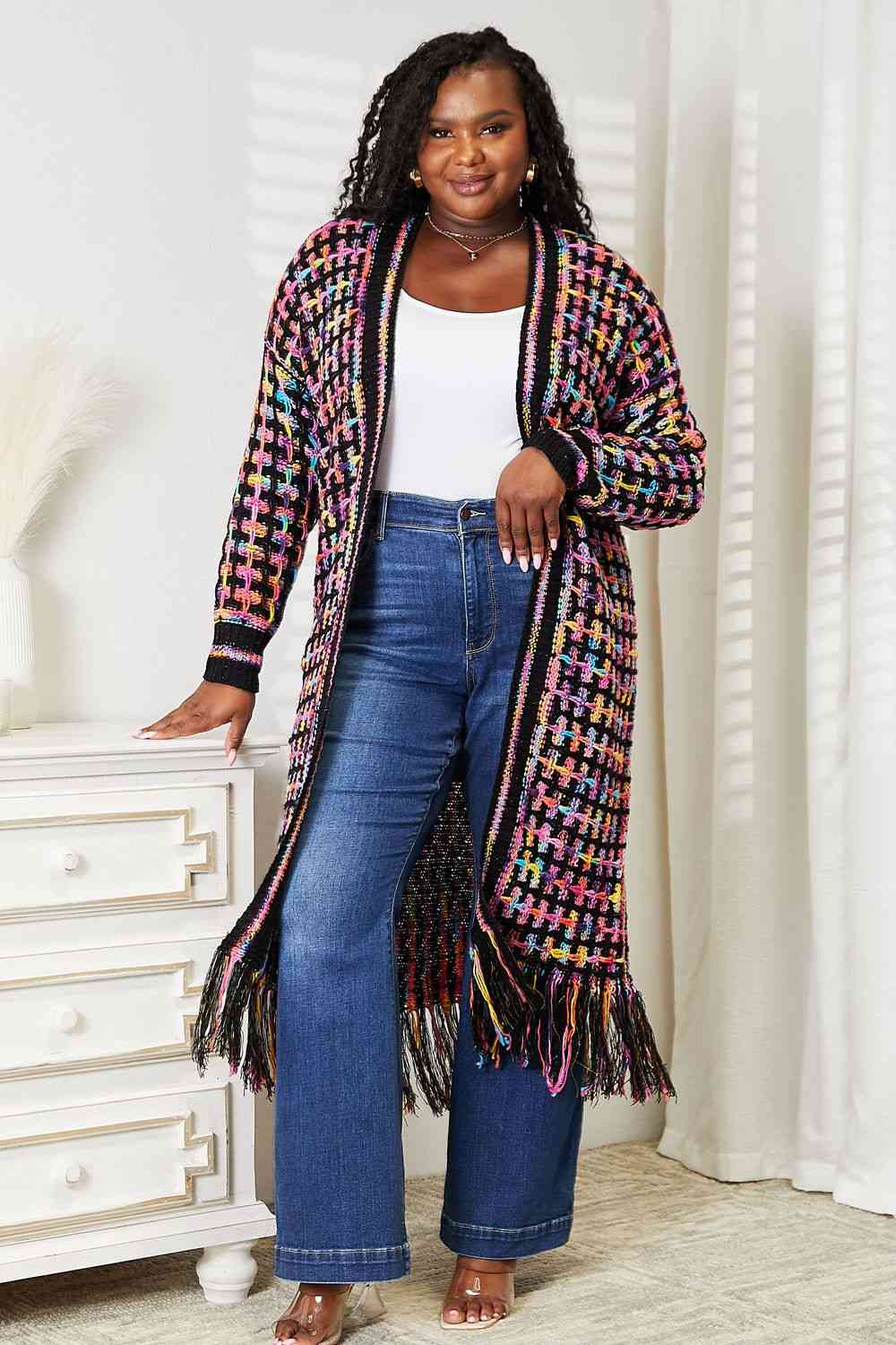 Double Take Full Size Multicolored Open Front Fringe Hem Cardigan Trendsi