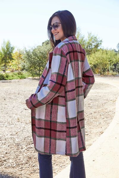 Double Take Plaid Button Up Lapel Collar Coat Jassorted