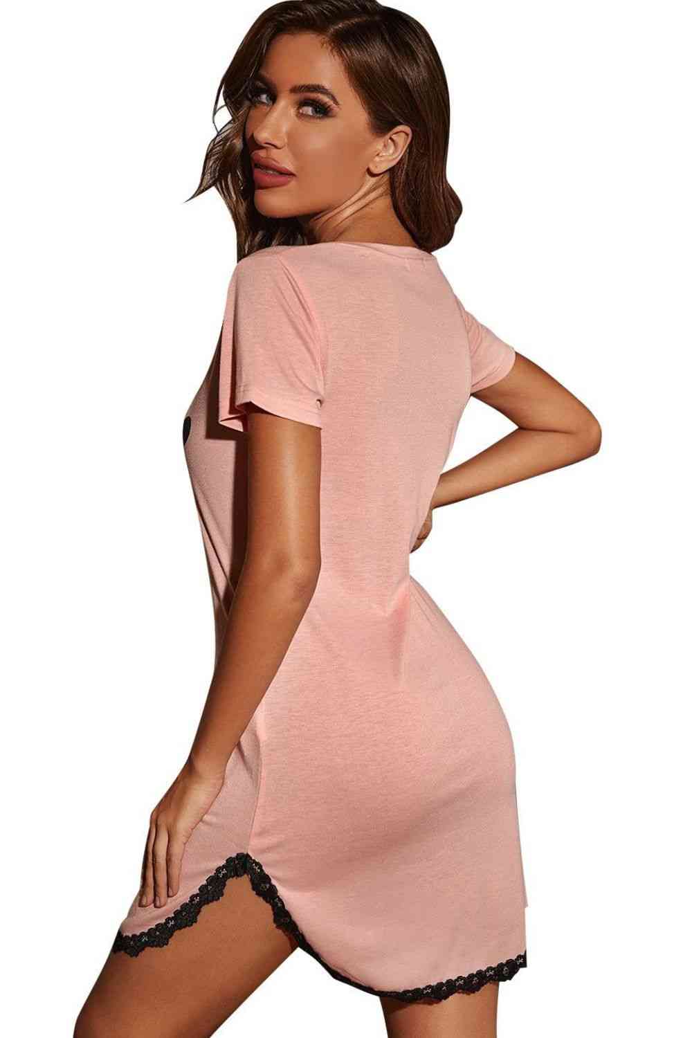 Heart Graphic Lace Trim Night Dress Jassorted