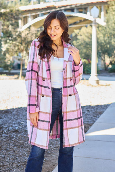 Double Take Plaid Button Up Lapel Collar Coat Jassorted Carnation Pink S