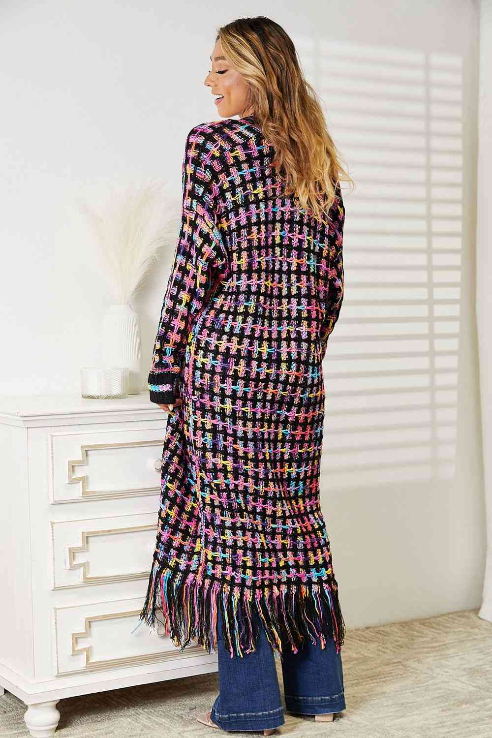 Double Take Full Size Multicolored Open Front Fringe Hem Cardigan Trendsi