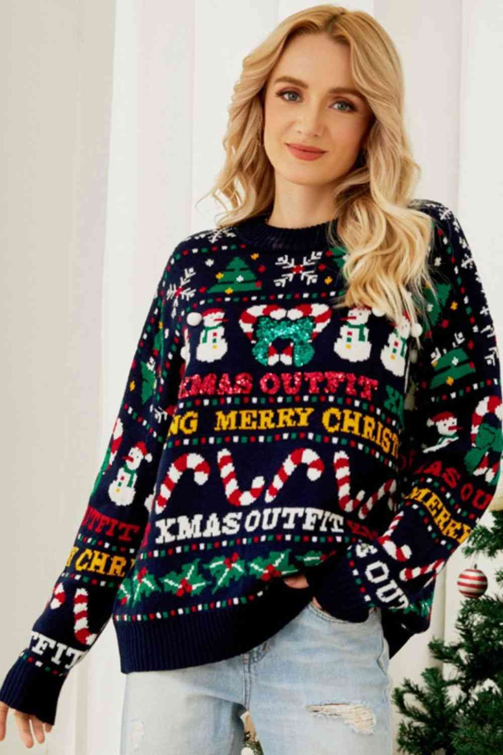 Christmas Print Crewneck Dropped Shoulder Sweater Jassorted Navy S