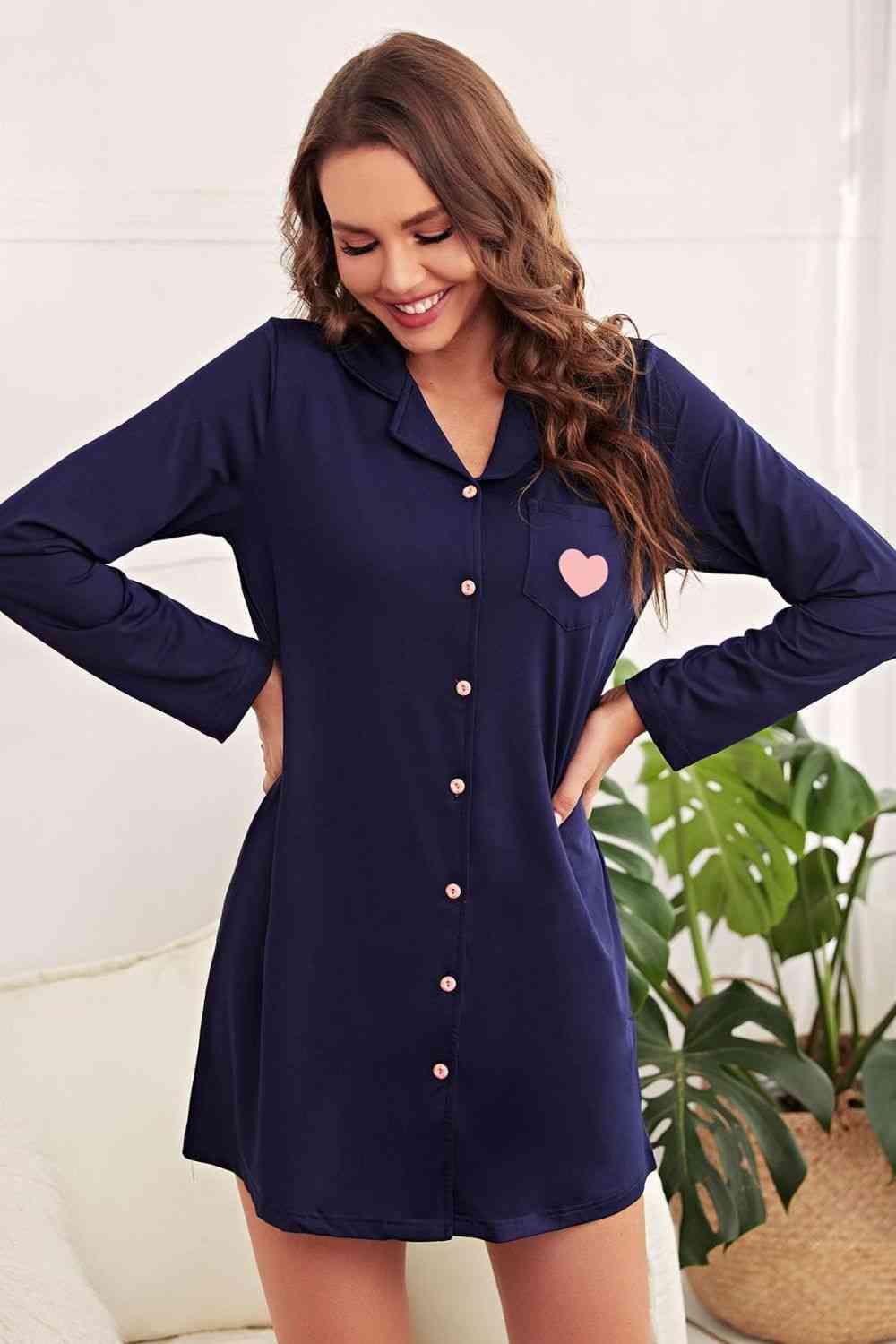 Heart Graphic Lapel Collar Night Shirt Dress Jassorted