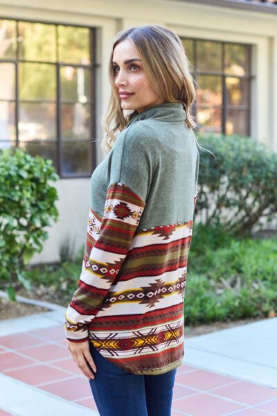 Celeste Design Full Size Geometric Turtleneck Drawstring Knit Top Jassorted