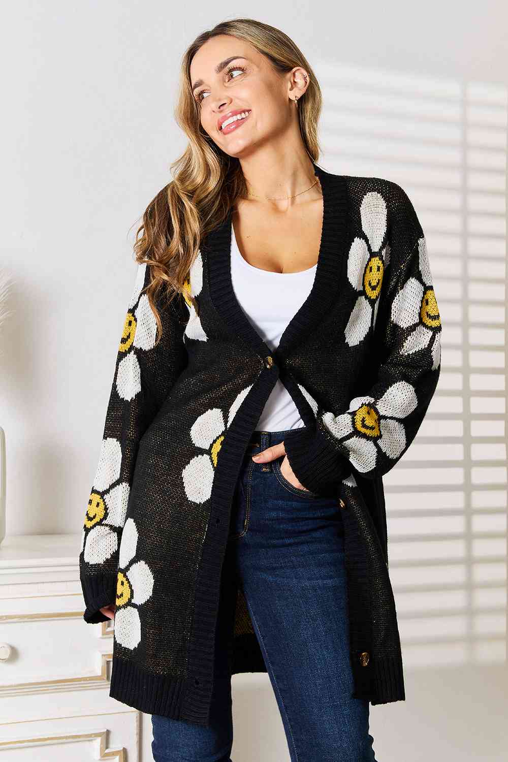 Double Take Floral Button Down Longline Cardigan Jassorted