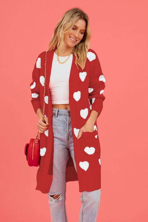 Heart Graphic Open Front Cardigan with Pockets Trendsi Red S