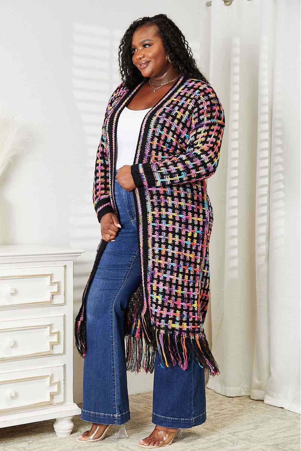 Double Take Full Size Multicolored Open Front Fringe Hem Cardigan Trendsi