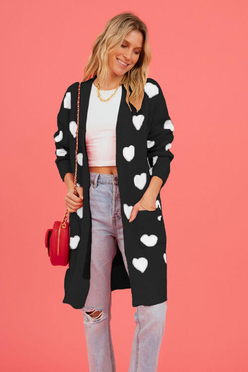 Heart Graphic Open Front Cardigan with Pockets Trendsi Black S