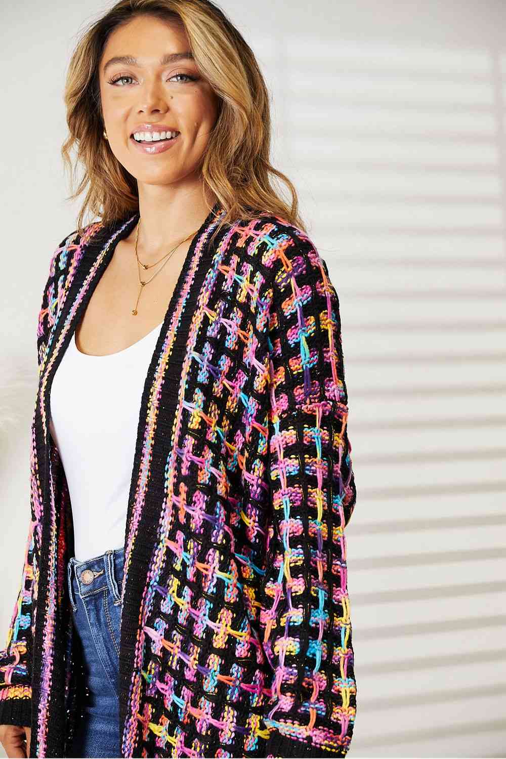 Double Take Full Size Multicolored Open Front Fringe Hem Cardigan Trendsi