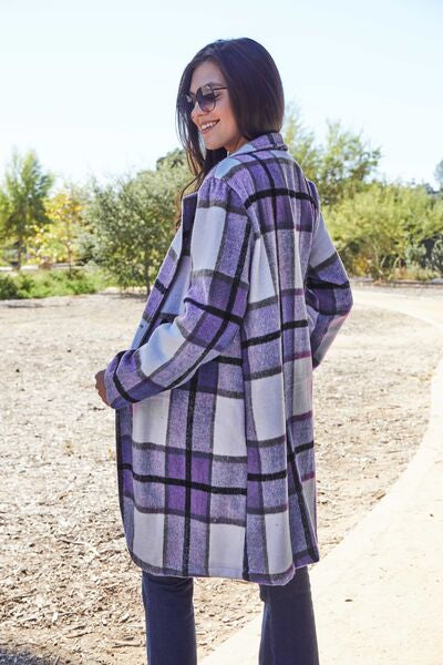 Double Take Plaid Button Up Lapel Collar Coat Jassorted