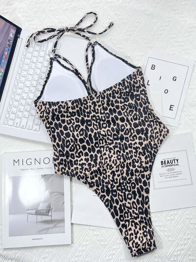 Leopard Cutout Halter Neck One-Piece Trendsi