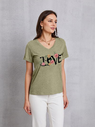 LOVE V-Neck Short Sleeve T-Shirt Trendsi Sage S