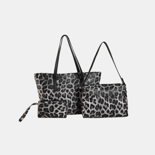 3-Piece Leopard Leather Bag Set Jassorted Black One Size
