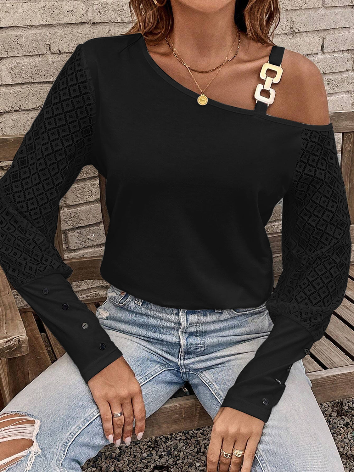 Asymmetrical Neck Lace T-Shirt  Trendsi Black S 