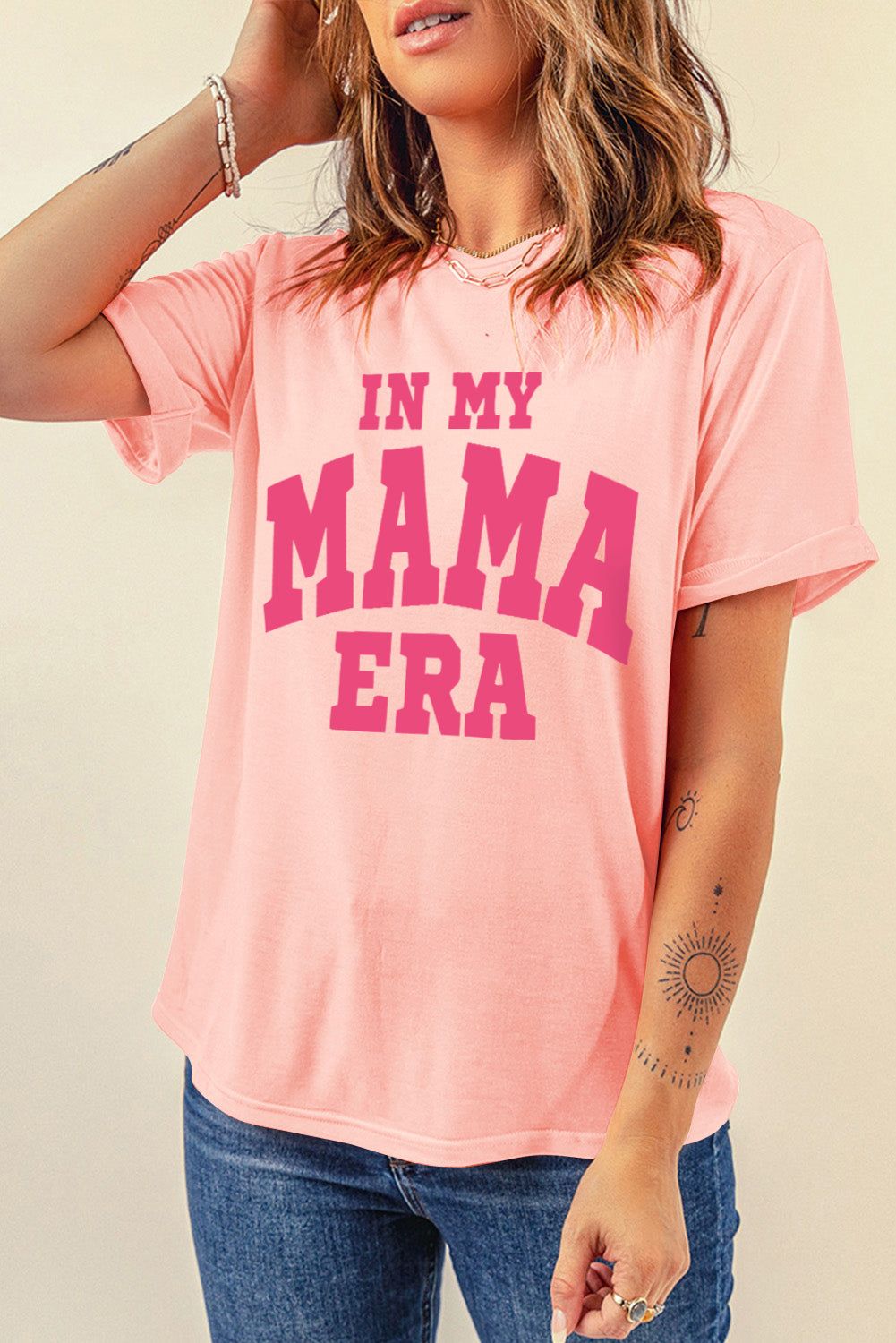 IN MY MAMA ERA Round Neck T-Shirt  Trendsi Blush Pink S 