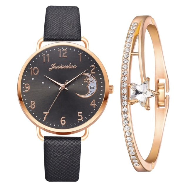 Moon Numbers Quartz Bracelet & Watch Set  Jassorted Black Rose Gold Set  