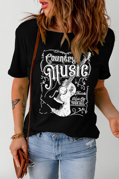 Country Music Graphic Short Sleeve Tee Shirt  Trendsi Black S 