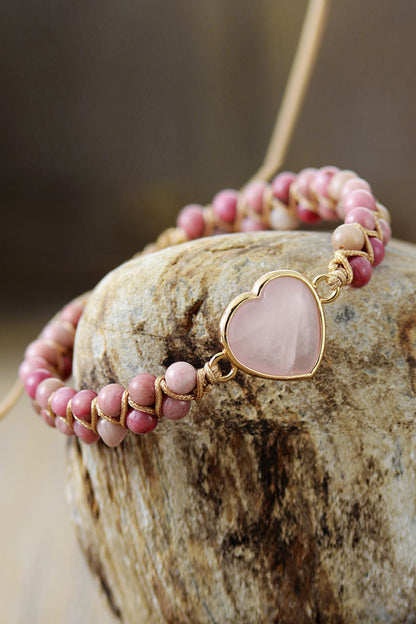 Rose Quartz Heart Beaded Bracelet  Trendsi   