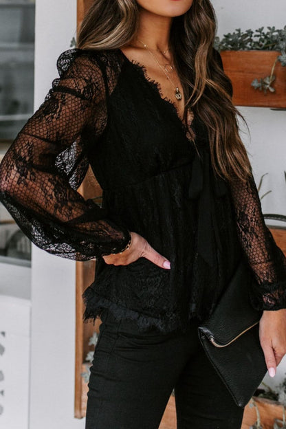 Lace Plunge Blouse  Trendsi Black S - 2/4 