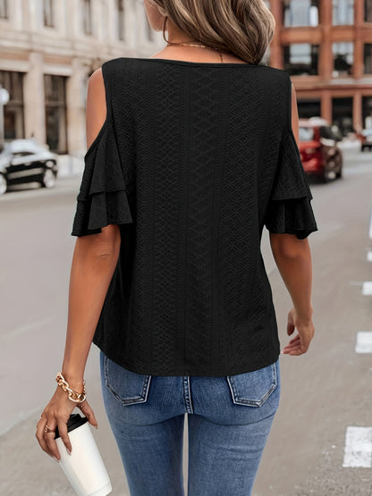 Eyelet V-Neck Cold Shoulder Blouse  Trendsi   