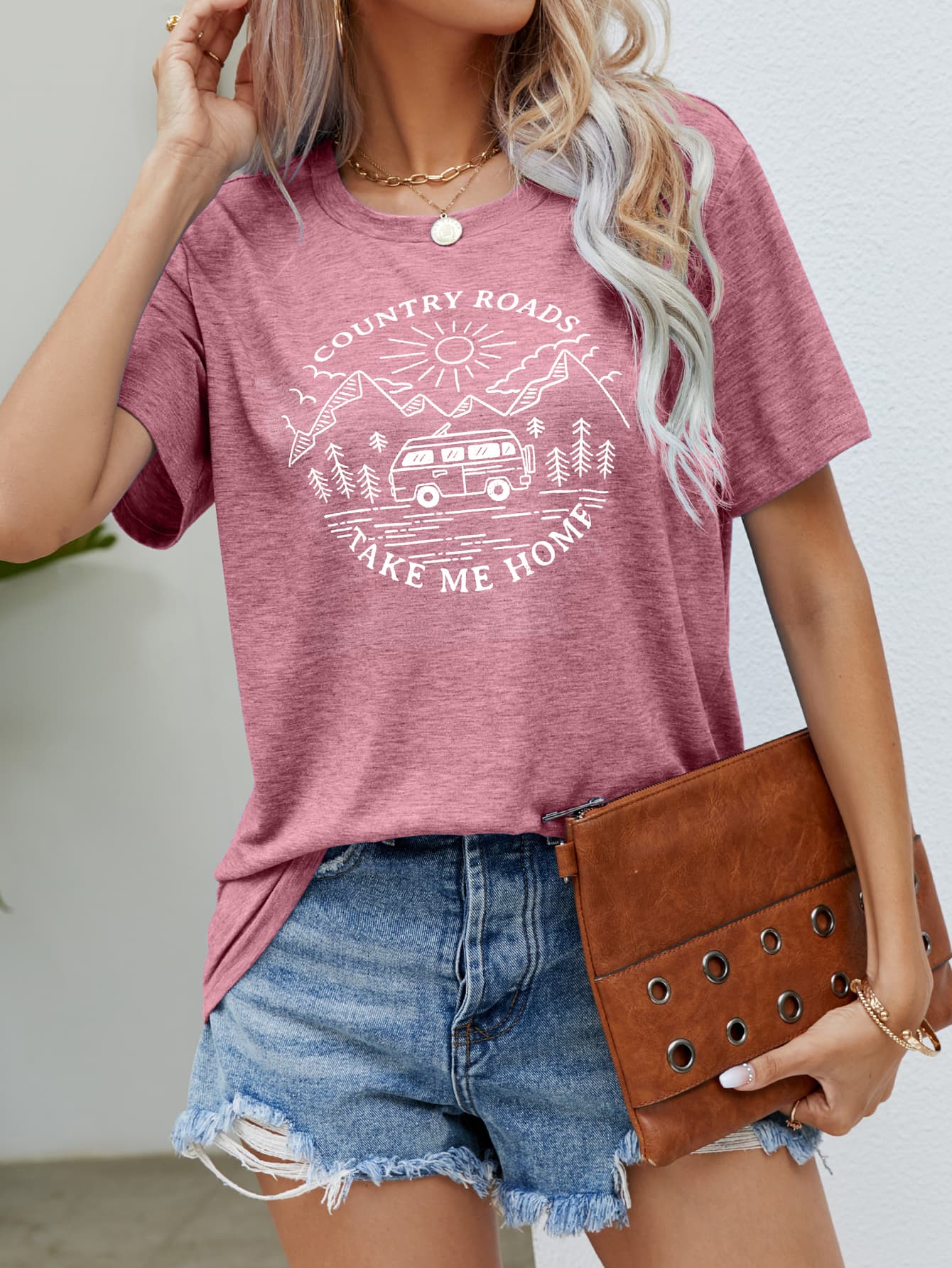 COUNTRY ROADS TAKE ME HOME Graphic Tee  Trendsi Light Mauve S 