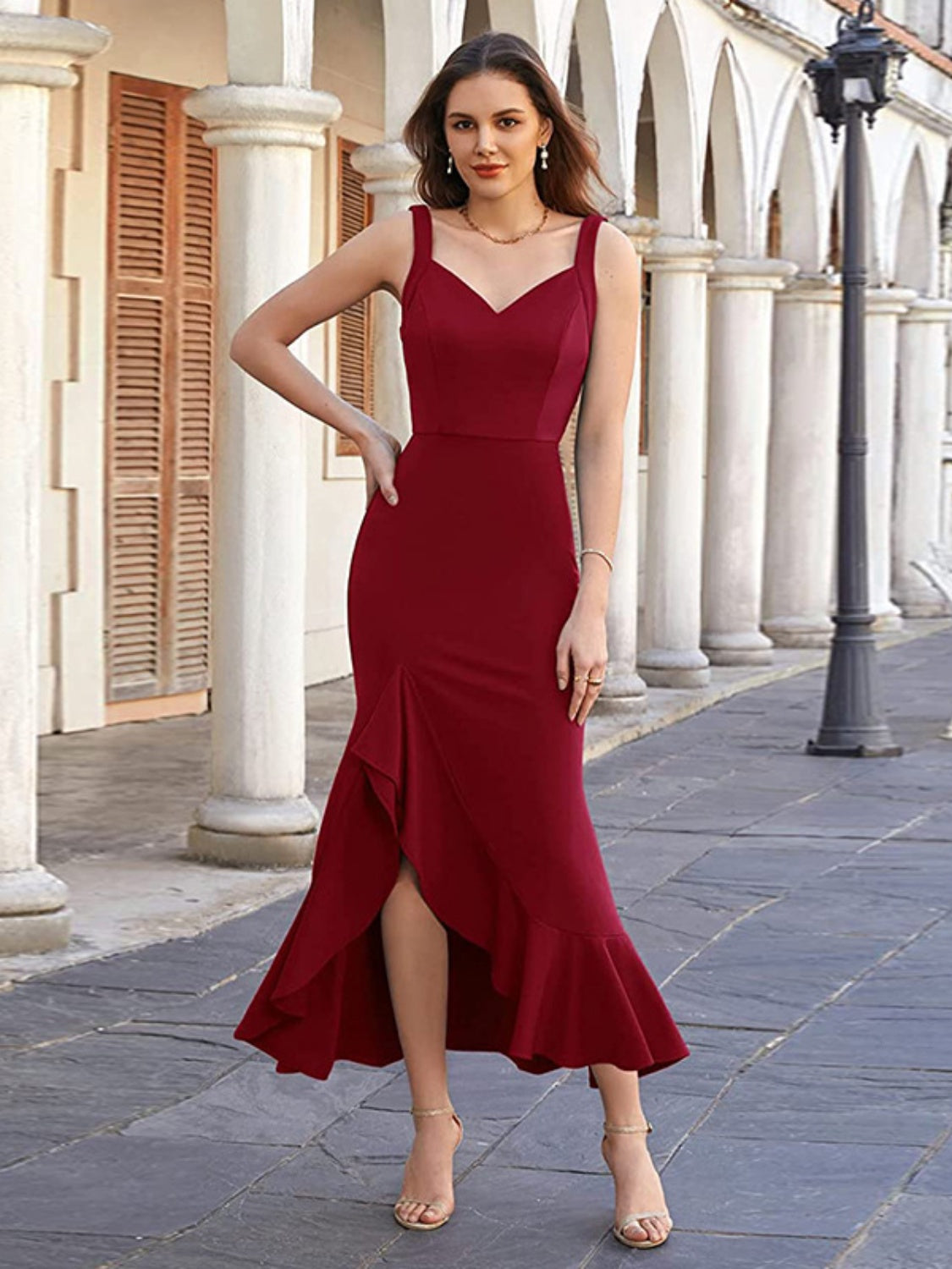 Ruffled Fishtail Cami Dress  Trendsi Burgundy S 