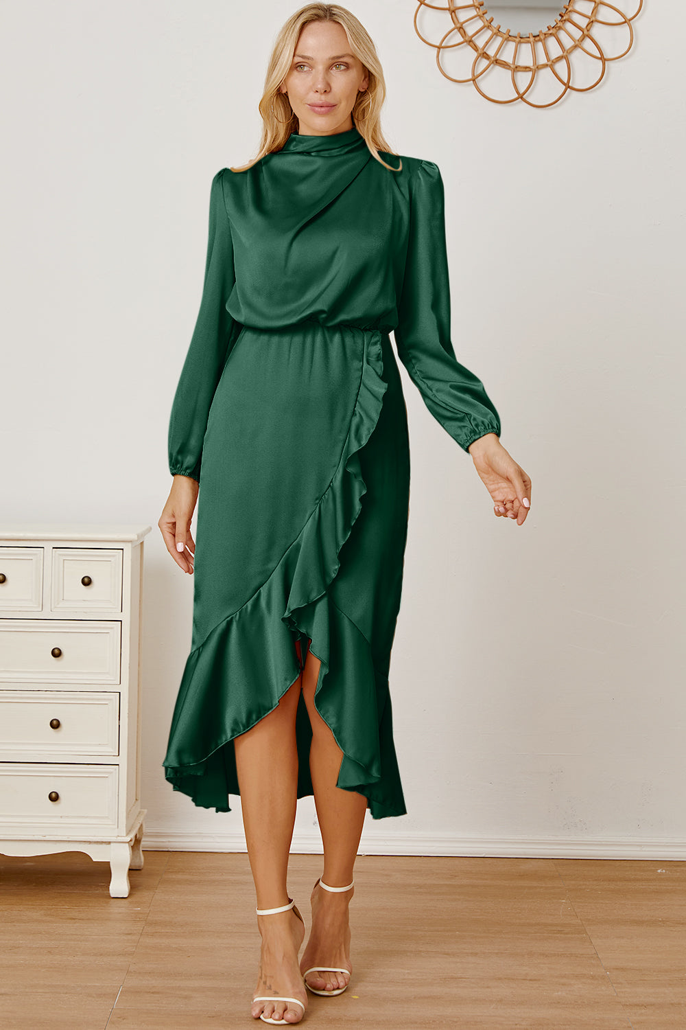 Mock Neck Asymmetrical Dress  Trendsi Dark Green S 