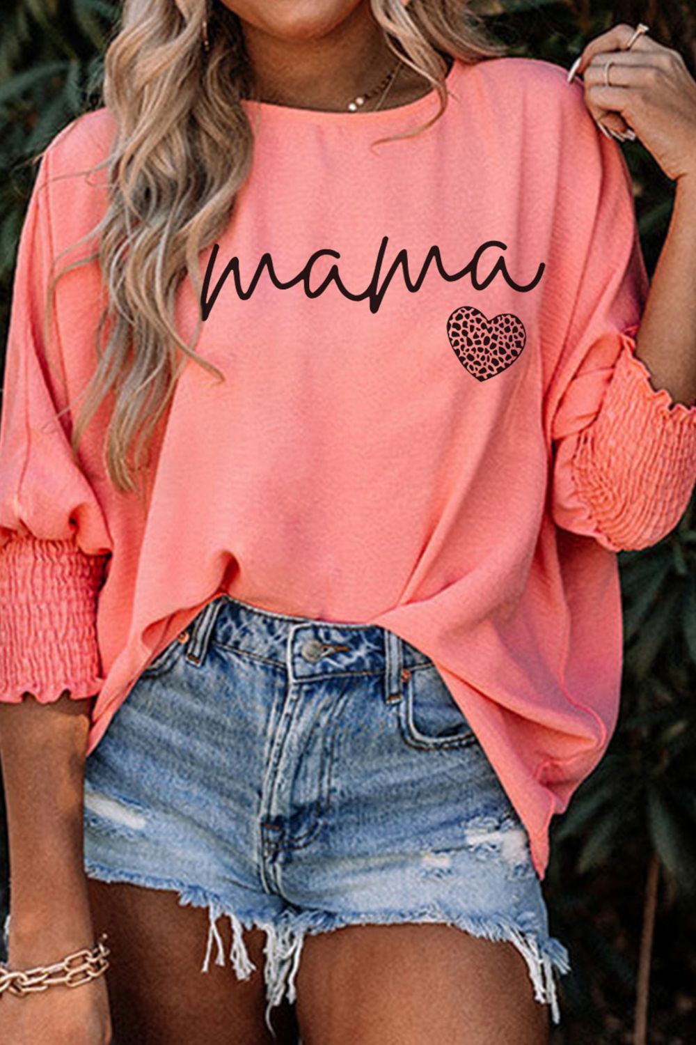 MAMA Round Neck Lantern Sleeve Blouse  Trendsi   