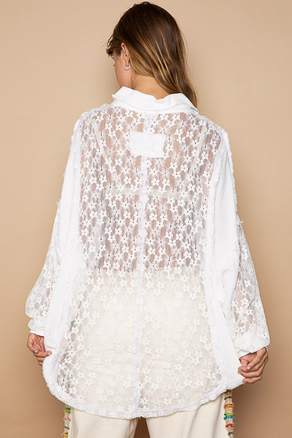 See-Through Oversize Lace Button-Down Shirt  Trendsi   