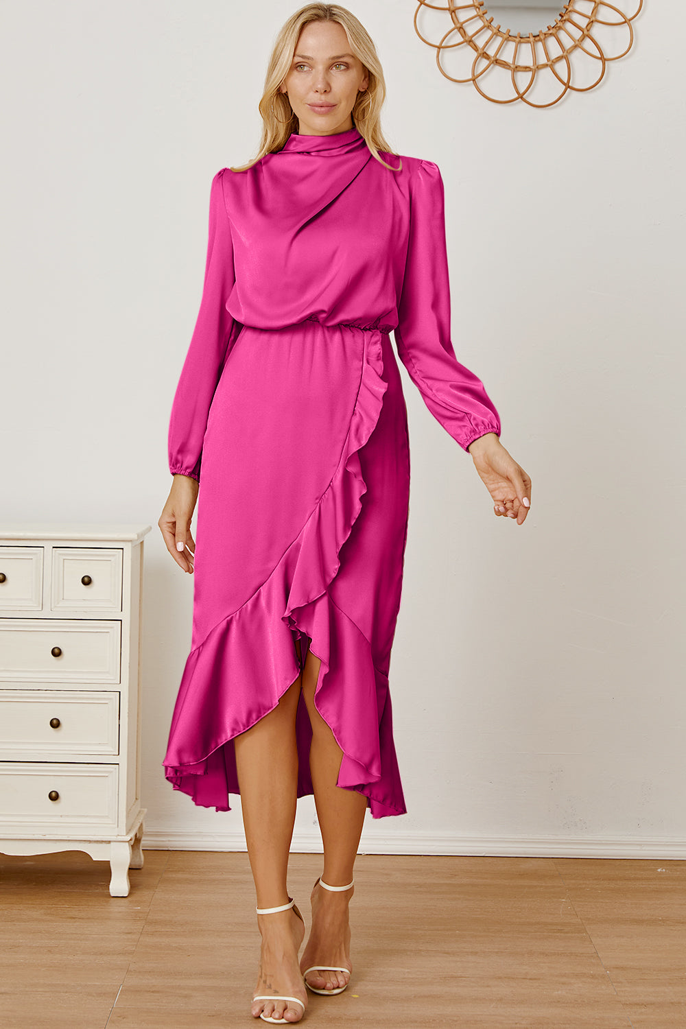 Mock Neck Asymmetrical Dress  Trendsi Pink S 