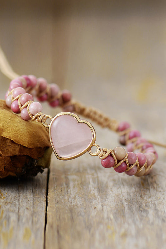 Rose Quartz Heart Beaded Bracelet  Trendsi Dusty Pink  