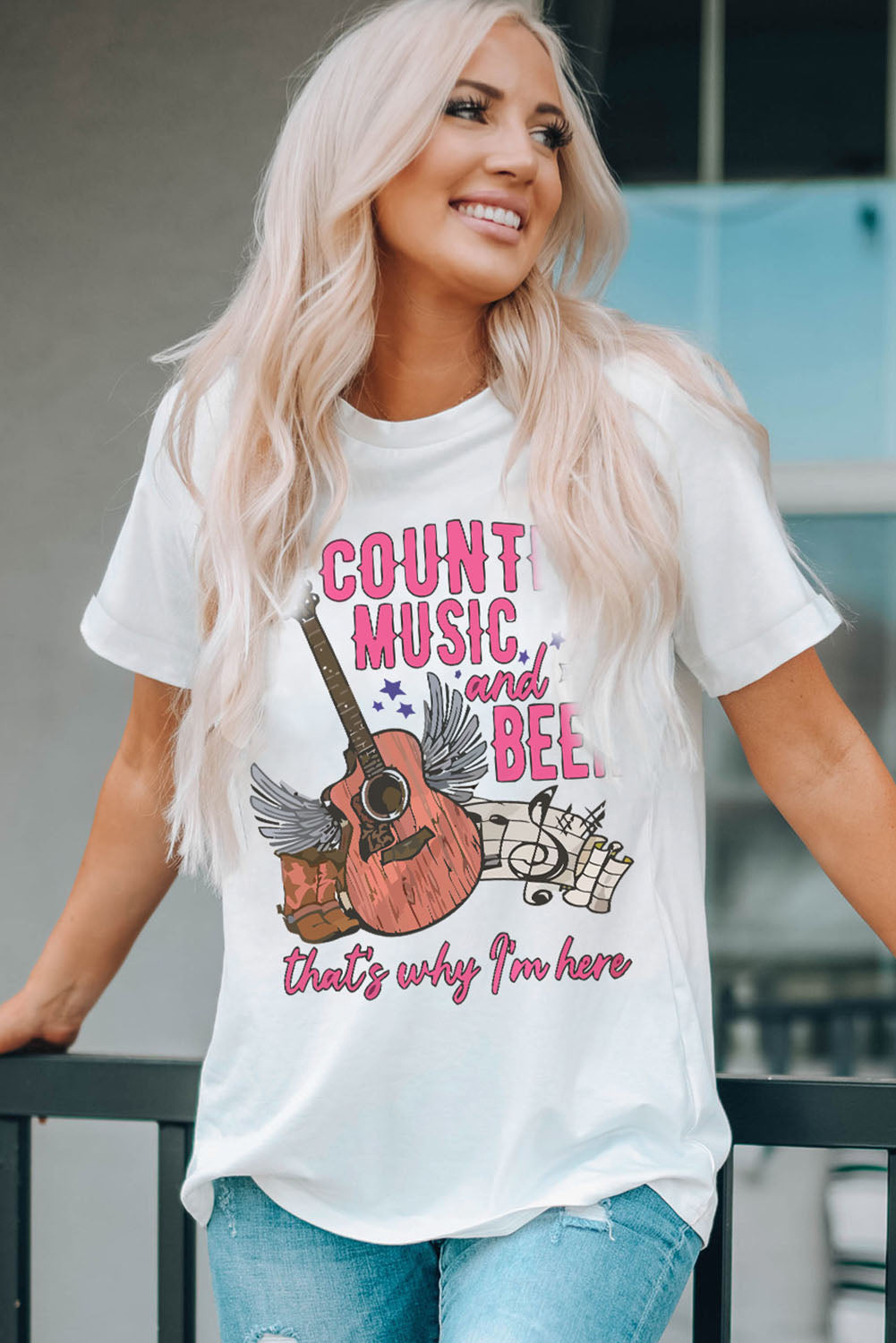 Country Music & Beer Round Neck Tee  Trendsi White S 