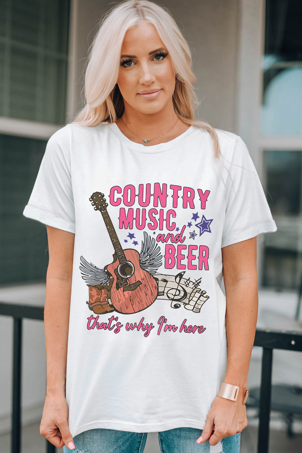 Country Music & Beer Round Neck Tee  Trendsi   