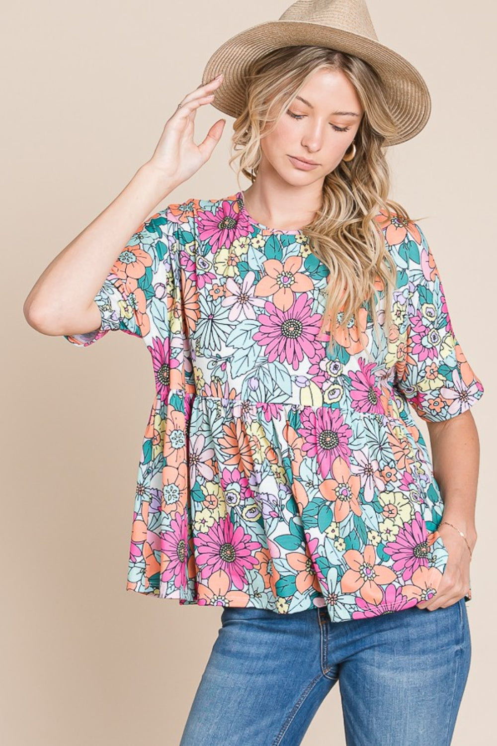 Floral Round Neck Blouse  Trendsi Floral S 