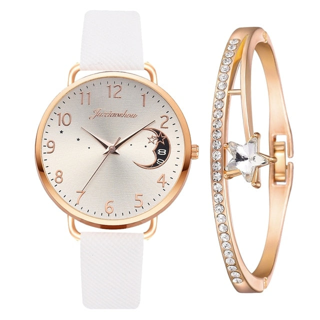 Moon Numbers Quartz Bracelet & Watch Set  Jassorted White Rose Gold Set  