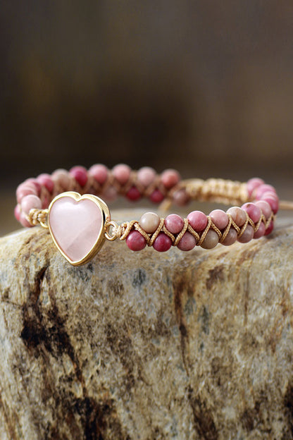 Rose Quartz Heart Beaded Bracelet  Trendsi   