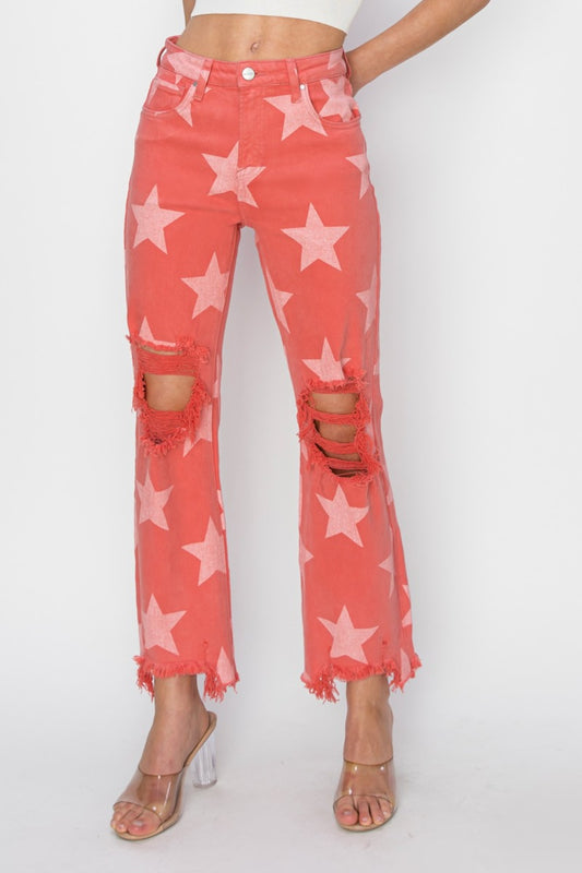 RISEN Distressed Star Pattern Jeans  Trendsi Peach Blossom 0 