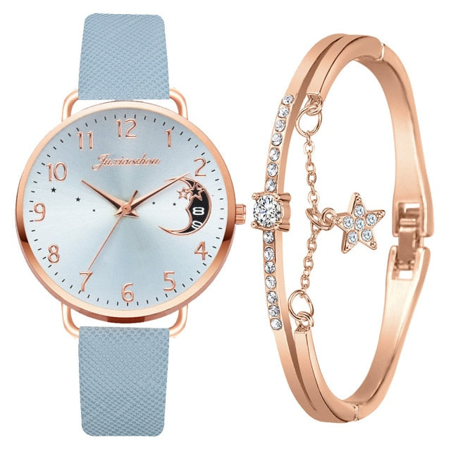 Moon Numbers Quartz Bracelet & Watch Set  Jassorted Sky Blue Rose Gold Set  