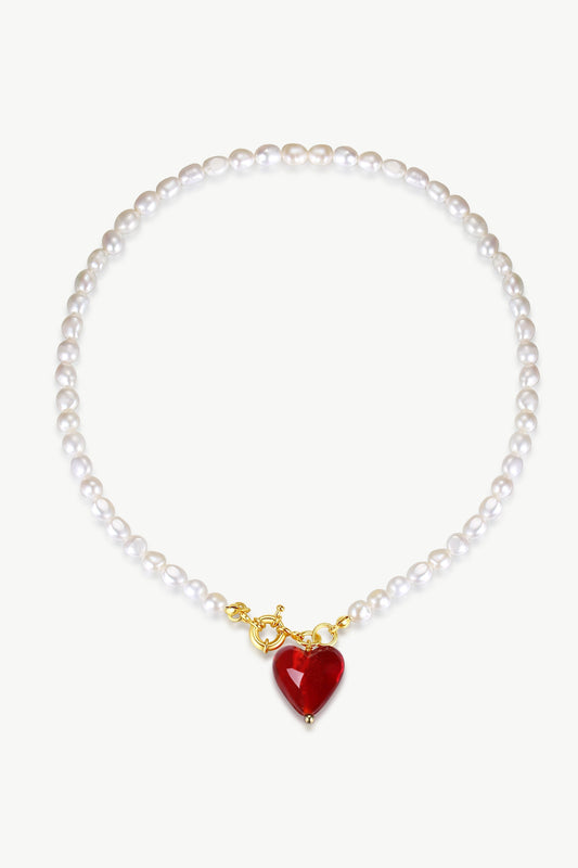 Esmée Red Glaze Heart Pendant Pearl Necklace Jewelry & Watches Salmon Pandora   