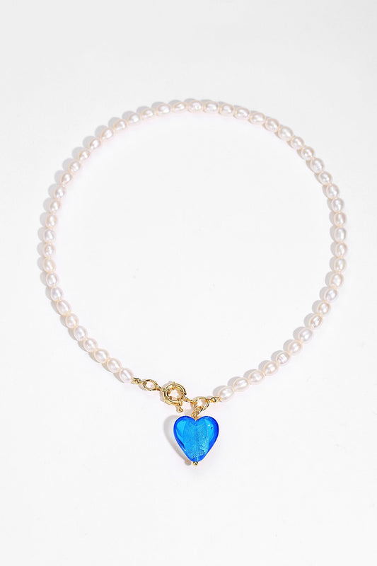 Esmée Sky Blue Glaze Heart Pendant Pearl Necklace Jewelry & Watches Salmon Pandora   