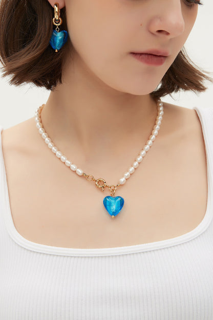 Esmée Sky Blue Glaze Heart Pendant Pearl Necklace Jewelry & Watches Salmon Pandora   