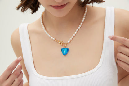 Esmée Sky Blue Glaze Heart Pendant Pearl Necklace Jewelry & Watches Salmon Pandora   