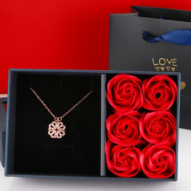 Luxury Heart Shaped Clover Necklace  Jassorted Rosey with Rose Box  