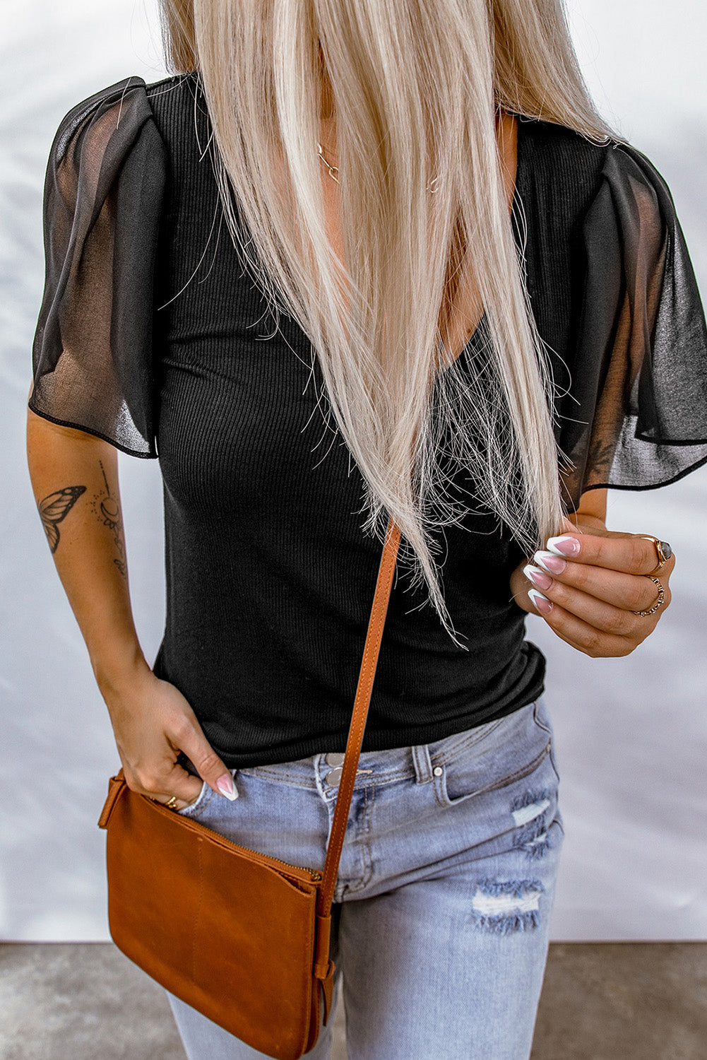 V-Neck Sheer Sleeve Blouse  Trendsi   