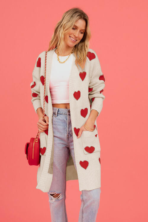 Heart Graphic Open Front Cardigan with Pockets  Trendsi   