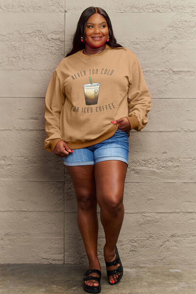 Simply Love NEVER TOO COLD FOR ICED COFFEE Round Neck Sweatshirt  Jassorted   