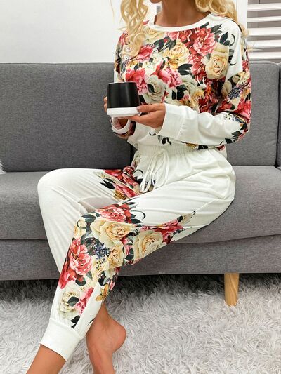 Printed Top and Drawstring Pants Lounge Set  Trendsi   