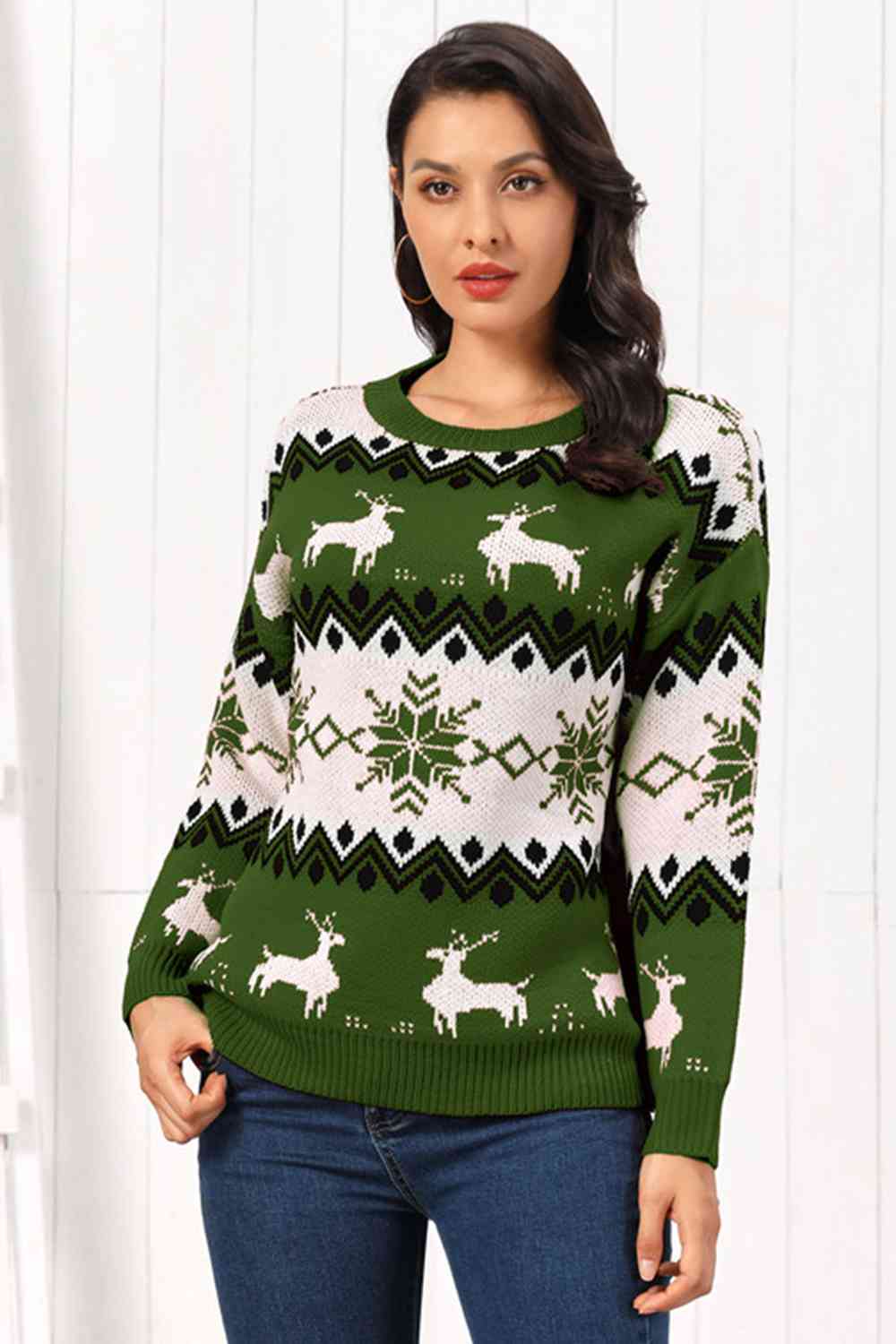 Reindeer Round Neck Sweater  Jassorted Green S 