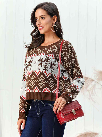 Snowflake Pattern Round Neck Sweater  Jassorted   